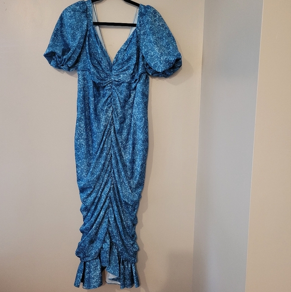 AMUR Floral Ruched Mermaid Tiered Puff Sleeve Peasant Blue Midi Dress. Size 10. - Picture 11 of 15